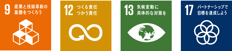 SUSTAINABLE DEVELOPMENT GOALS 9.産業とじ技術革新の基盤をつくろう 12.つくる責任つかう責任 13.気候変動に具体的な対策を 17.パートナーシップで目標を達成しよう